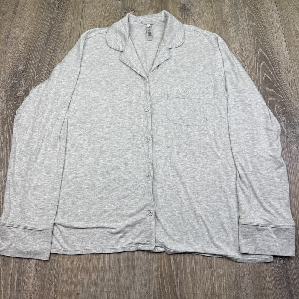 Skims Mens Heather Gray Long Sleeve Sleepwear Comfort Button Up Shirt Size XL